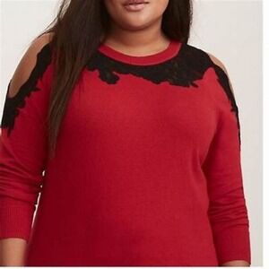 Torrid Cold Shoulder Sweater Womens 0 Red Black Lace Applique Knit Pullover